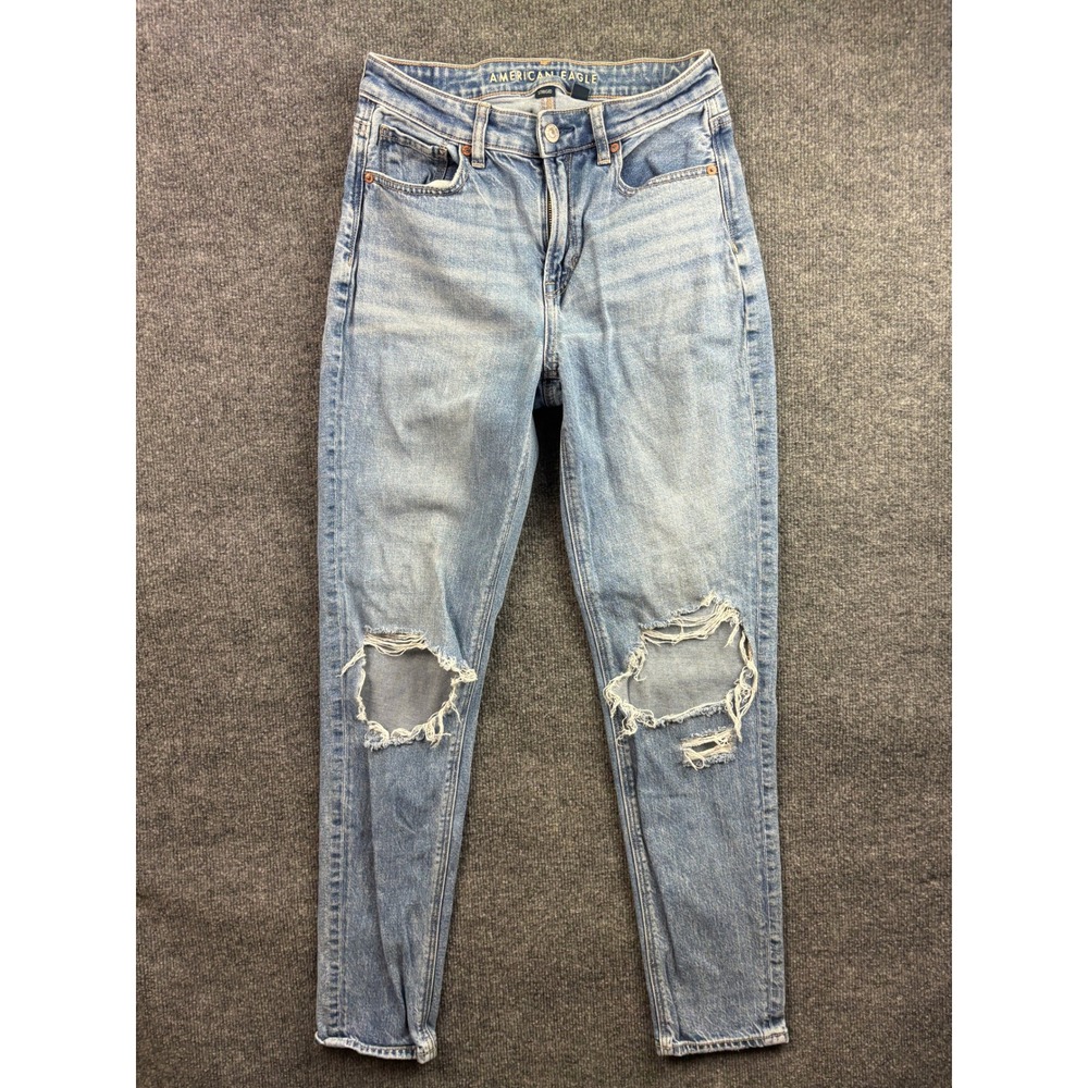 American Eagle Mom Jean Women 4 Light Blue Distressed Ripped High Rise Strigid